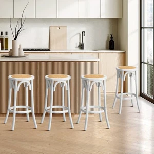 Oikiture Set of 4 Bar Stools Kitchen Vintage Dining Chair Rattan Seat White - Picture 1 of 10