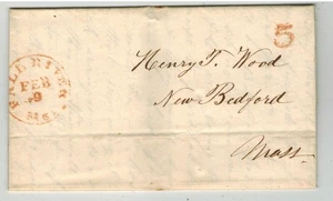 1850 STAMPLESS FALL RIVER MASSACHUSETTS RED HAND CANCEL PAID "5" FOLDED LETTER - Picture 1 of 1
