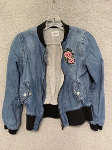 HUDSON Girls Size Large Denim blue Bomber Jacket Embroidered Rose Youth - Picture 1 of 7