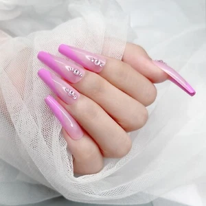 Pink with Rhinestones False Nail Long Ballerina Press on Nails for Finger Decor - Picture 1 of 5