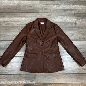 Pink Lily Faux Leather Blazer Jacket Brown Two Button Career Small - Picture 1 of 10