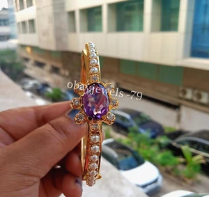Vintage 14K Yellow Gold Plated Amethyst Pearl Diamond Bangle Bracelet 4.00Ct - Picture 1 of 9
