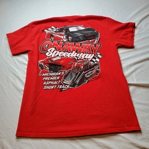 Onaway Speedway T-shirt Two Sided Graphic Red Unisex M 18.5x25.5 Gildan - Picture 1 of 11