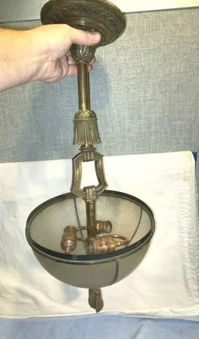 Vtg ART DECO Solid Brass HANGING BASKET LIGHT Fixture 3 Bulb 1930s GLASS DOME Cover