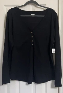 OLD NAVY WOMENS SLIM FIT PLUS SIZE XXL BLACK RIBBED V NECK LONG SLEEVE TOP NEW - Picture 1 of 12