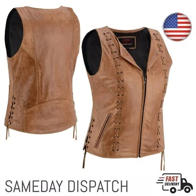 Women Brown Motorcycle Biker Classic Cowhide Leather Vest Eyelet Trim Style Vest - Image 1 of 4