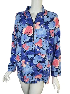 Sudadera Pullover T by TALBOTS Azul Rosa Floral Terry Francés UPF50 1/2 Cremallera 1X - Imagen 1 de 3