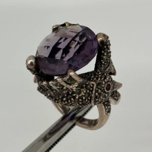 ANILLO PEZ Vintage PLATA ESTERLINA Amatista Marcasita Grueso Ojos Rojos Talla 7 ** - Imagen 1 de 12