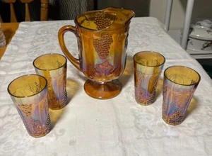 Vintage Indiana Amber Carnival Glass 4 Glasses and Pitcher Harvest Grape - Picture 1 of 5