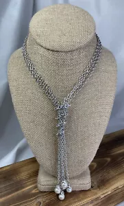 3 Strand Y-Drop Necklace Silver Tone With Pearl & Rhinestone Accents 14” + Adj. - Picture 1 of 9