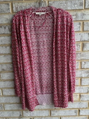 Cárdigan suéter Ann Taylor Loft rojo y blanco floral frente abierto para mujer talla M. Foto 1 de 4