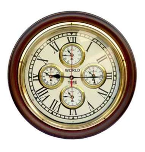 Antique Style Brass Wooden Vintage Nautical Home Décor Wall Clock World TimeGift - Picture 1 of 8