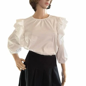 Y2K Express Womens Sz Small White Ruffle 3/4 Sleeve Blouse Feminine Cottage Core - Picture 1 of 10