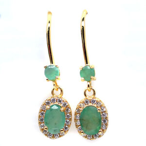 NATURAL GREEN EMERALD & WHITE CZ EARRINGS 925 STERLING SILVER