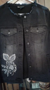 Jeansjacke DG2 mit Pailletten Blumen Gr. L schwarz 6 Taschen - Bild 1 von 10
