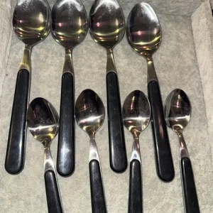 Viners Teaspoons 4 Stainless Steel  black   Plastic Handles & 4 dessert spoons - Picture 1 of 5
