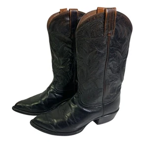 TONY LAMA Boots Vintage 9.5 D Black Cowboy Calf Leather w/Lizard Wingtip CY3505 - Picture 1 of 9