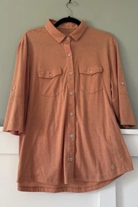 Stio Button Up Shirt Women Large Orange 3/4 Sleeve Soft Jersey Collar Organic - Picture 1 of 10
