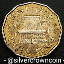 Fiji 3 Pence 1963. KM#22. Threepence coin. Native Dwelling. Elizabeth II. Palms.
