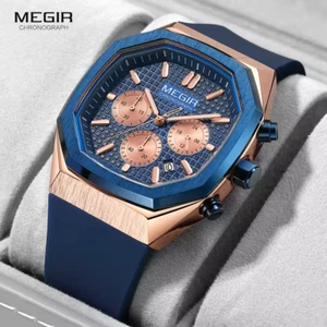 MEGIR Blue Silicone Strap Quartz Watch Mens Luxury Chronograph Watches Mens - Picture 1 of 6