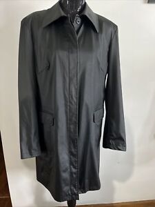 Giacca Women’s Size Large Black Trench Rain Coat Hidden Buttons PVC Back Belted
