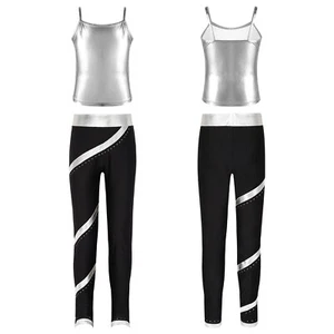 Kids Girls Outfit Spaghetti Straps Sets Sport Suit Shiny Sweatsuits Top Pants - Picture 1 of 49