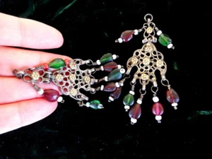 Usbekische Ohr Anhänger Paar Antik Ethno Zentralasien Kronleuchter Silber vergoldet - Bild 1 von 7