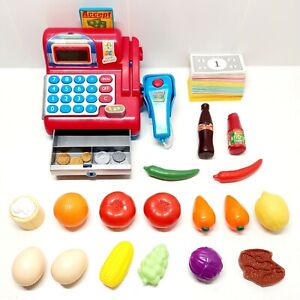 Pretend Toy Shopping Cash Register & Food With Coins & Monopoly Money Bundle