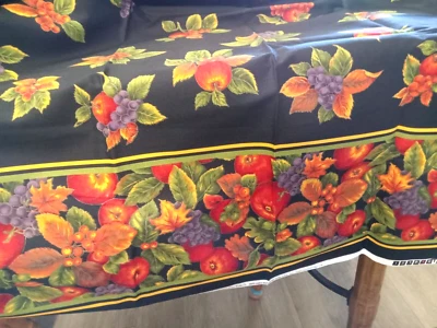 54" L  x 57" W  Double Border Print FALL Leaves & Apples on Black  VIP Cranston - Image 1 of 4