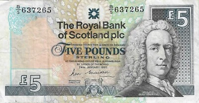 Billete de 5 libras Scotland Royal Bank 1990 P 352a circulado Foto 1 de 2