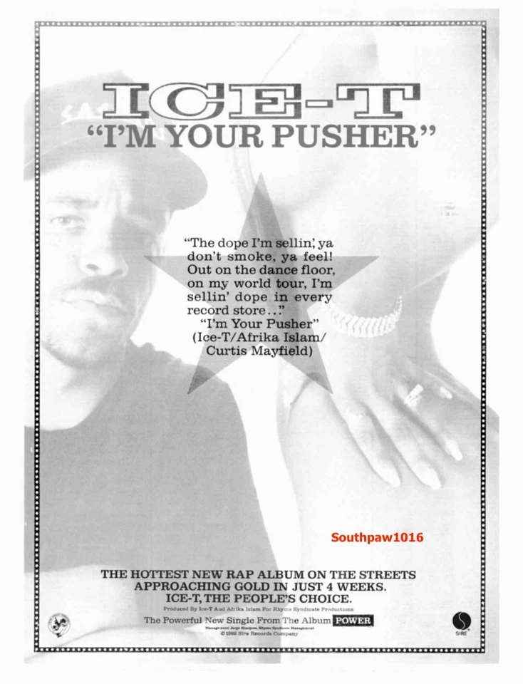 1988  Ice-T "I'm Your Pusher" Song Release Music Industry Promo Reprint Ad - Image 1 of 1