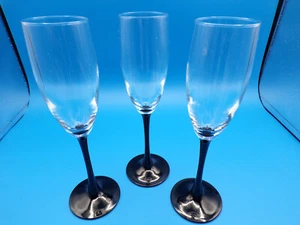 3 Vintage Crystal Champagne Flute Wine Glass Elegant Black Stem 8-3/4" FranceD25 - Picture 1 of 7