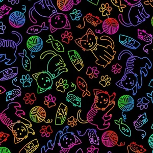 Cat & Mouse Rainbow Outline Bright Colored Black 100% Cotton Fabric by The Yard - Picture 1 of 2