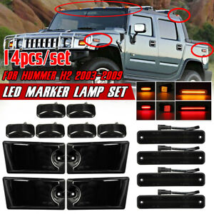 For 03-09 Hummer H2 /SUT SUV Smoke Lens Amber Red LED Roof Cab Marker Lights Set