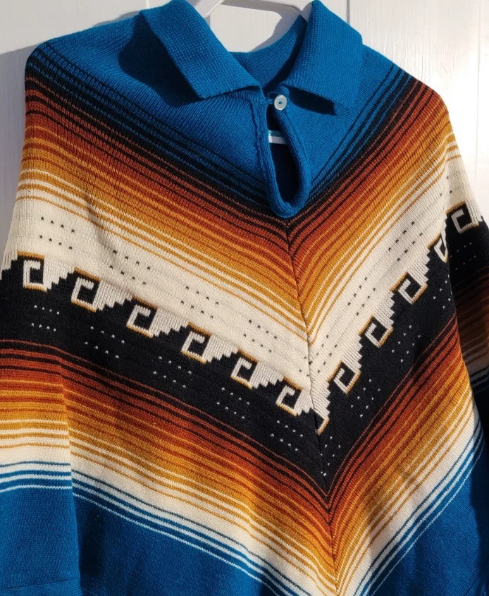 Poncho Groovy Vintage Años 70 Tejido Suroeste Tribal Flecos Boho Hippie Azul Foto 1 de 4