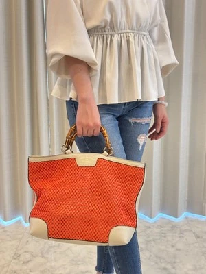 Bolso de Mano GUCCI Bambú Paja Malla Cuero Asas Bambú Foto 1 de 4