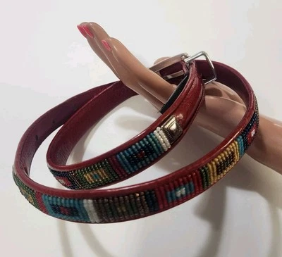 Женский M (30») BRIGHTON #03507 вино красный из натуральной кожи юго-запад бисером ремень - Изображение 1 из 4