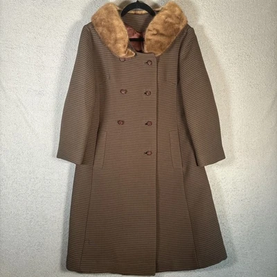 Vintage Forstmann Long Pea Coat Fur Collar Brown Double Breasted Mob Wife Duster - Image 1 of 4