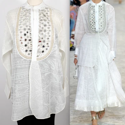 Blusa túnica blanca ETRO 42 EE. UU. 6 espejos indios adornados perla primavera 2018 Foto 1 de 4