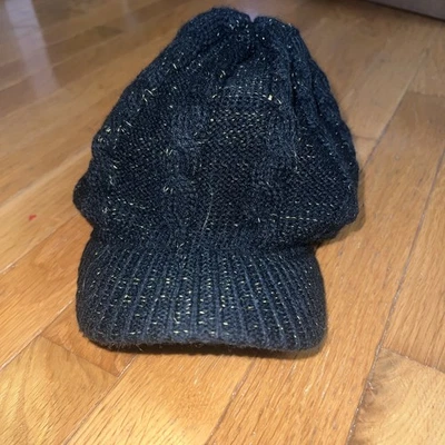 Lurex Cable Knit Beanie Hat with Visor Brim, Black w/Gold.  NWOT - Image 1 of 4