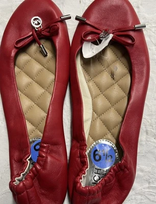 michael kors shoes 6.5 Red Flats Logo Ballet Leather Silver Tip Bow - Image 1 of 4