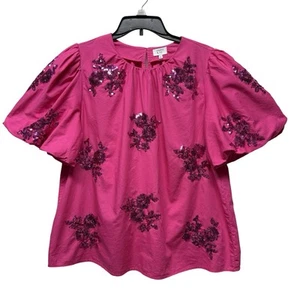 Crown & Ivy Womens Top Blouse Large Pink Sequined Puffy Sleeves Party Classy - Picture 1 of 21