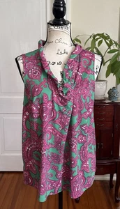 Camicetta senza maniche CROWN & IVY donna XL rosa verde paisley con volant scollo a V W644 - Foto 1 di 10