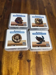 Four  Puzzles Up WOODEN JIGSAW PUZZLES A5 2-Lions Elephant Turtle - Picture 1 of 5