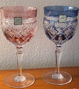 Kagami Edo Kiriko Crystal Cut Red & Blue Wine Glasses Set Bamboo Leaves Pattern - Picture 1 of 6