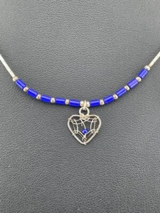 925 STERLING SILVER LIQUID SILVER BLUE BEAD HEART NECKLACE 15" SOUTHWESTERN 1258 - Picture 1 of 6