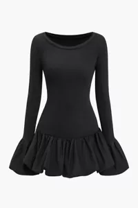MICAS Ruffled Black Flared Mini Dress Long Sleeve - Picture 1 of 3