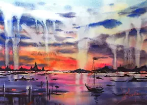 Original watercolor painting Thailand Seascape painting Sunset artwork 11"x15" - Picture 1 of 3