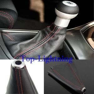 JDM Black Real Leather Red Stitch Manual/Auto Gear Shift Knob Shifter Boot Cover - Foto 1 di 5