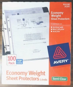 Protectores de hoja de peso Avery económico 2,0 mil carga superior paquete de 100 PV119E 74101 NUEVOS - Imagen 1 de 2